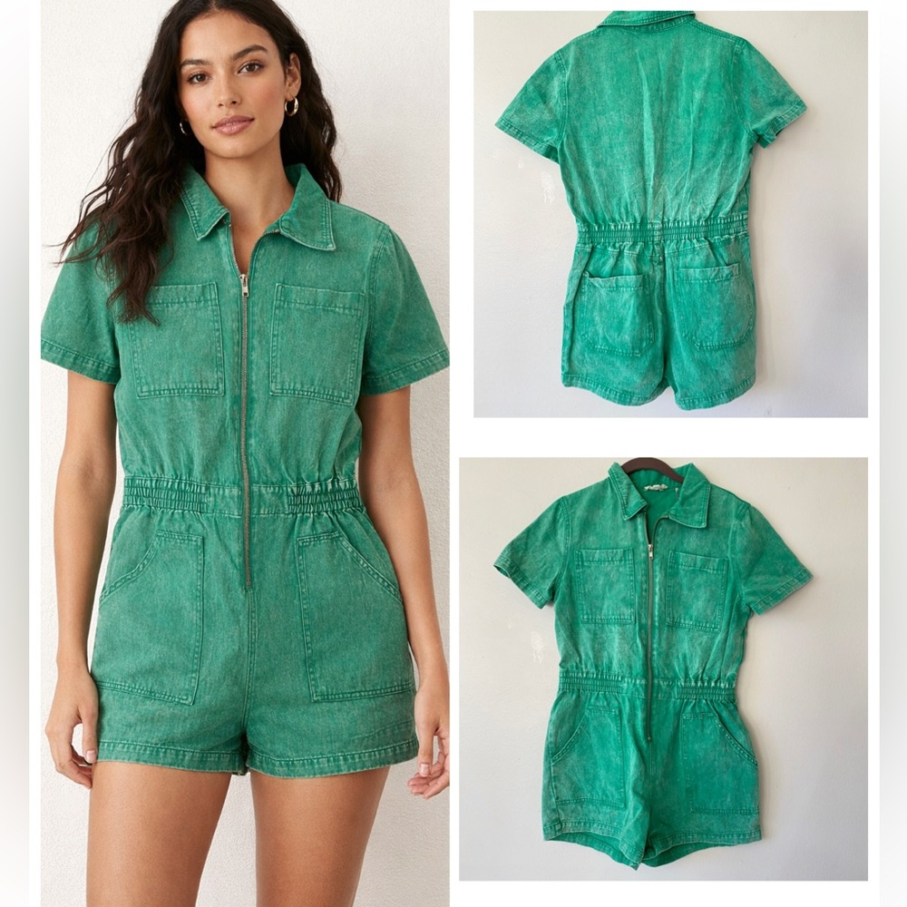 Elan Green Acid Wash Cargo Denim Romper Utility Jumpsuit Zipper Pockets Y2K Sz M